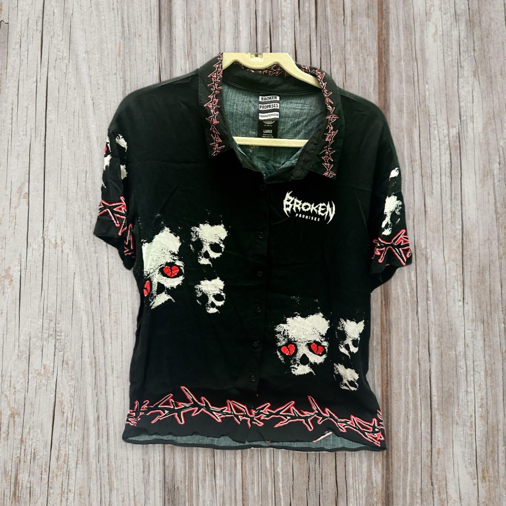 BROKEN PROMISES Men’s Black Skull Print Shirt L